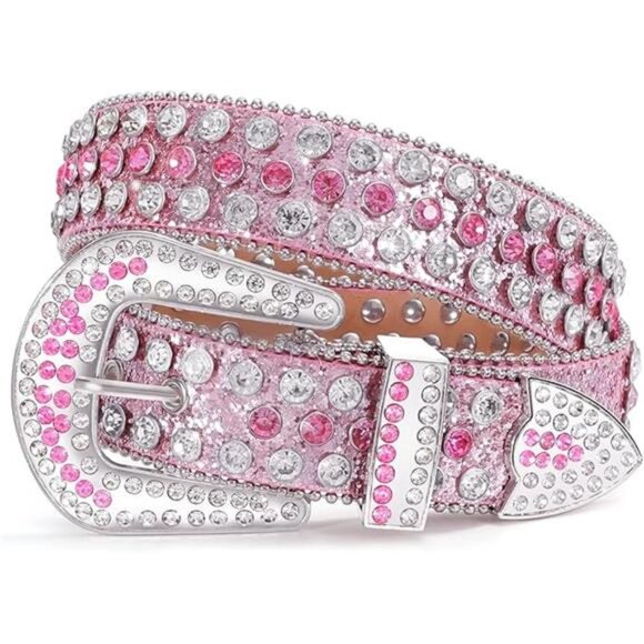 WERFORU Women Men Western Rhinestone Studded Leather Belt Unisex Bling Cowgirl